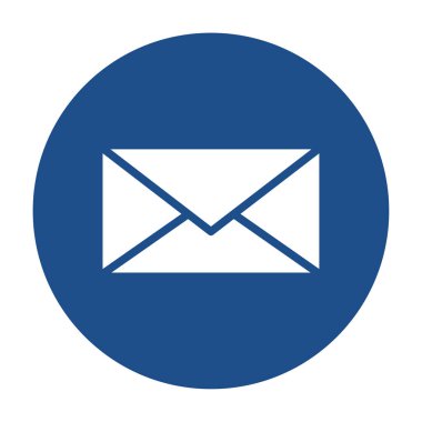 Mavi yuvarlak zarf simgesi, beyaz arkaplanda izole edilmiş düğme. Vektör illüstrasyonu.