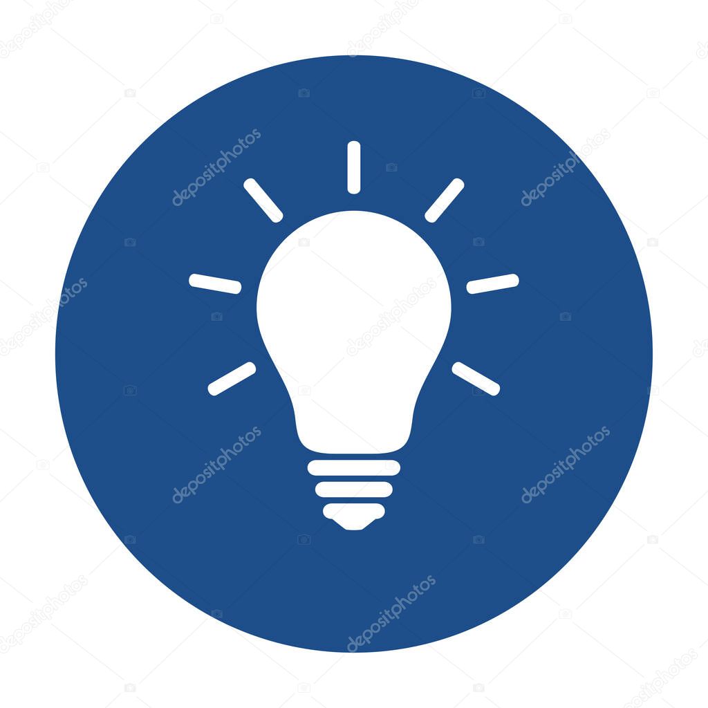 Blue round glowing light bulb icon, button isolated on a white background. Vector illustration.