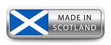 SCOTLAND metalik rozetli ve beyaz arka planda ulusal bayrak var. Vektör illüstrasyonu.