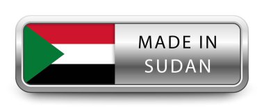 Beyaz arka planda ulusal bayrak bulunan Sudan metalik rozeti var. Vektör illüstrasyonu.
