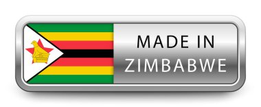 Beyaz arka planda ulusal bayrak bulunan ZIMBABWE metalik rozeti var. Vektör illüstrasyonu.