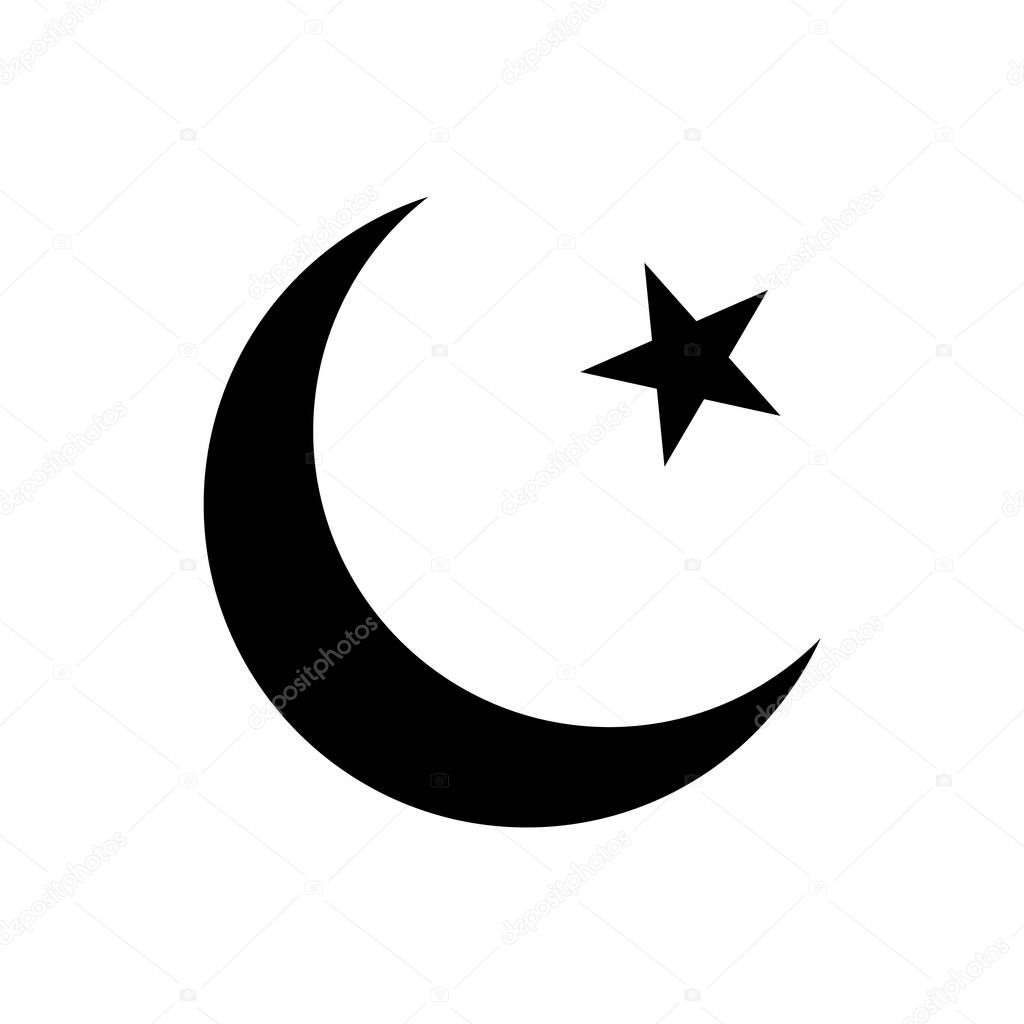 Black crescent and star symbol. The national emblem of the Islamic Republic of Pakistan. Pictogram, icon isolated on a white background. Vector illustration.