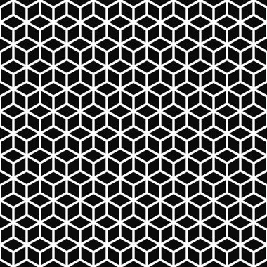 Kusursuz geometrik desen. Küp dokusu. Siyah-beyaz arka plan. Tek renkli çizgi küp şebeke tasarımı. Vektör illüstrasyonu.