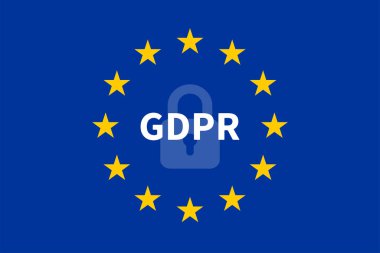 GDPR / Genel Veri Koruma Yönetmeliği ile Avrupa Birliği bayrağı ve bir asma kilit simgesi. Vektör illüstrasyonu.
