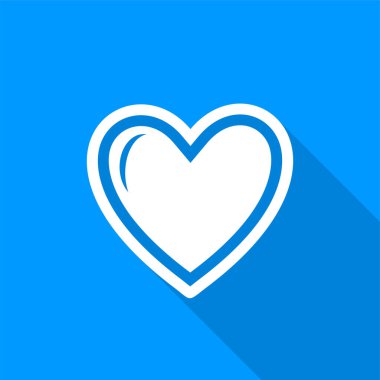 Mavi arka planda uzun bir gölgesi olan yassı beyaz kalp ikonu. Vektör illüstrasyonu.