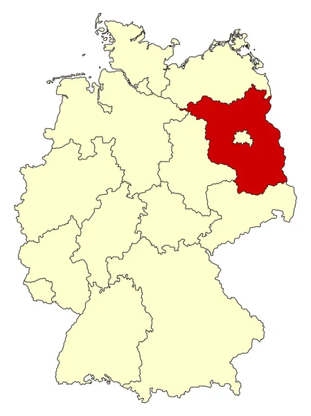 Mapa Amarillo Alemania Con Estado Federal Brandeburgo Color Rojo Aislado — Archivo Imágenes Vectoriales