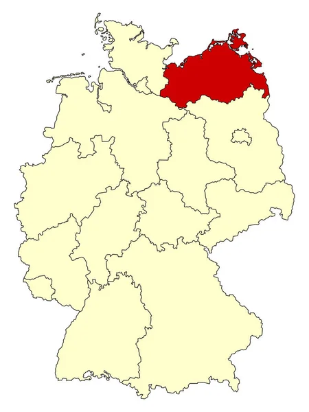 Mapa Amarillo Alemania Con Estado Federal Mecklemburgo Vorpommern Color Rojo — Archivo Imágenes Vectoriales