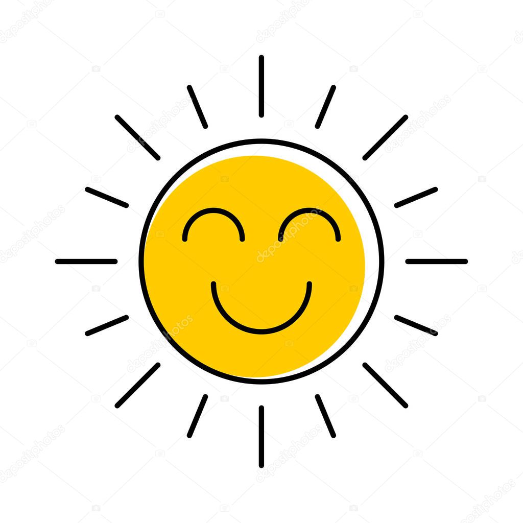 Abstract yellow happy smiling sun icon isolated on a white background. Vector illustration.