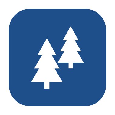 Mavi yuvarlak kare kozalaklı ağaç simgesi, beyaz arkaplanda izole edilmiş düğme. Vektör illüstrasyonu.