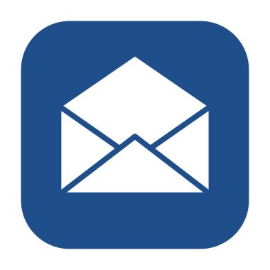 Mavi yuvarlak kare açık zarf simgesi, beyaz arkaplanda izole edilmiş düğme. Vektör illüstrasyonu.