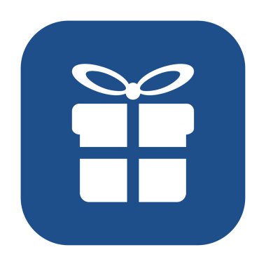 Mavi yuvarlak kare hediye kutusu, bağlı papyon simgesi, beyaz arka planda izole edilmiş düğme. Vektör illüstrasyonu.