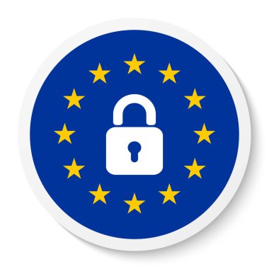 Beyaz arka planda izole edilmiş AB bayrağı ve asma kilit simgesine sahip yuvarlak çıkartma simgesi. Vektör illüstrasyonu.