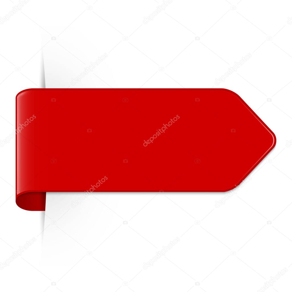 Long curved red bookmark arrow with shadow and copy space isolated on a white background. Vector illustration.