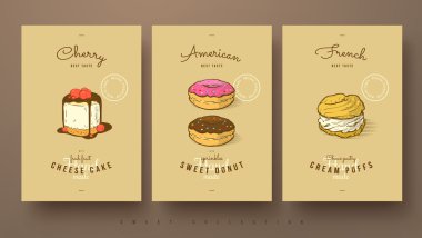 sweet collection of cherry cheese cake, donut and cream puffs clipart