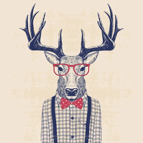 Ilustración de ciervos disfrazados de nerd con camisa y lazo de jazz — Vector de stock