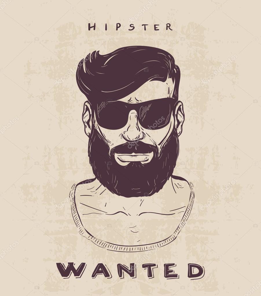Hipster with beard, mustage and sunglasses. hand drawn illustration