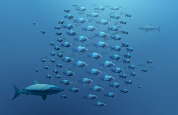 Cardumen de peces y tiburones — Vector de stock