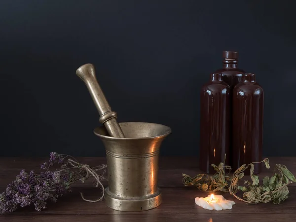 Equipment for the creation of the magical blends for spells, Occult powers, Pestle in the bowl, Concept of occultism, alchemy and esotery