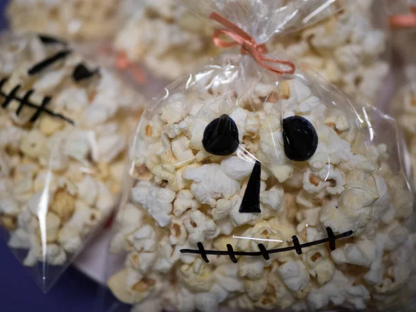 Halloween Food Bag Delicious Popcorn Form Skull — Stock Photo, Image