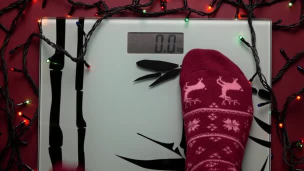 Woman Checking Weight Using Bathroom Scale Holiday Season Girl Has — Stock Video