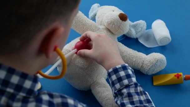 Маленький Мальчик Проводит Медицинское Обследование Своего Мягкого Игрушечного Питомца Играя — стоковое видео