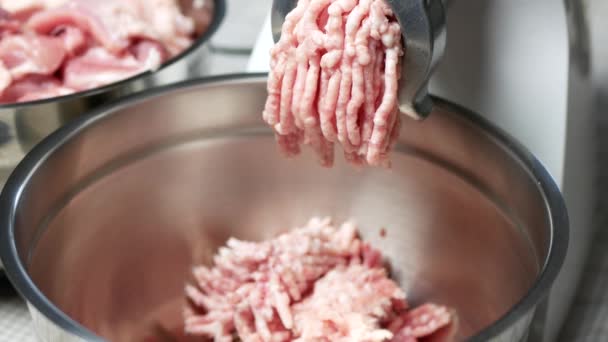 Proces Van Het Maken Van Gehakt Vlees Een Elektrische Vleesmolen — Stockvideo