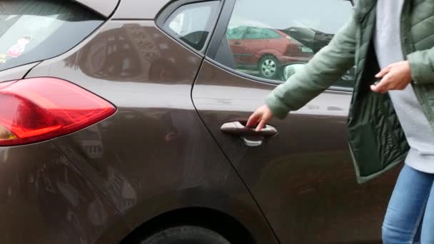 Kobieta Otwierająca Drzwi Szczęśliwy Chłopczyk Granatowym Anoraku Wsiadający Samochodu Podróż — Wideo stockowe