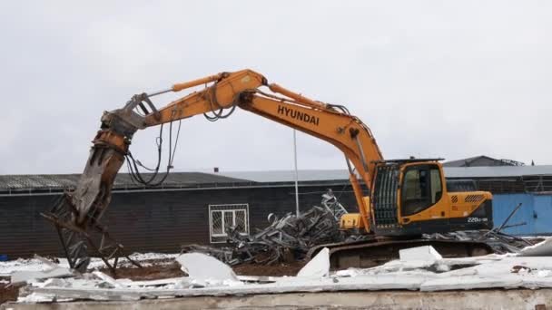 Leskovka Belarus March 2021 Crawler Excavator Hyundai Pulverizer Attachment Breaking — Stock Video