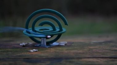 Doğada sivrisinek sarmalının yanması, yakın çekim. Sivrisinek kovucu tütsü