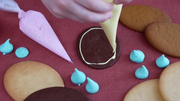 小孩在用五颜六色的糖霜装饰饼干 儿童的休闲活动 — 图库视频影像
