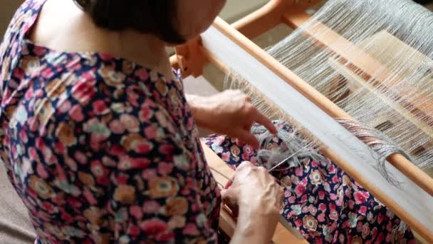 女性は ヘドルフックを使用してリードのスロットに糸をスレッド化しています 織物を織る — ストック動画