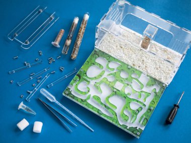 Karınca yuvası doldurma ekipmanı. Karınca çiftliği yapmak. Karınca yetiştirmek ve böcek davranışlarını gözlemlemek için formikaryum. Evcil hayvan olarak karınca beslemek