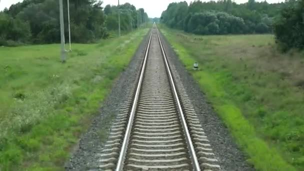 Vlak Jede Kolejích Míjí Louky Vesnici Most Pohled Posledního Vagónu — Stock video