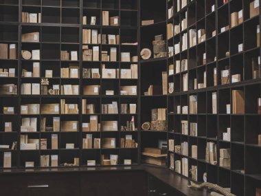 Xylotheque ya da ahşap toplama yeri. Raflarda bir sürü odun örneği ve mikroskop var.