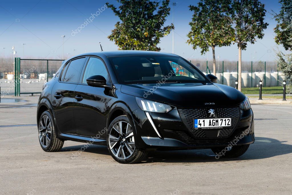 Istanbul, Turkey- January 19 2021. The New Peugeot 208 is a supermini produced by the French automaker Peugeot. This is the 208 GT Line model.