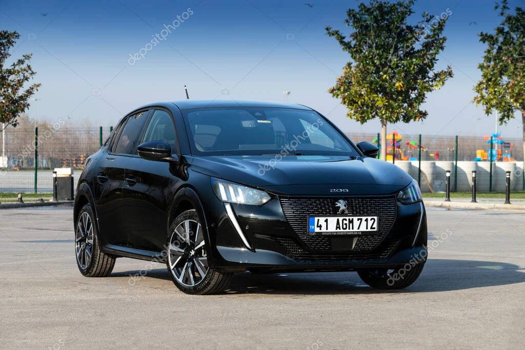 Istanbul, Turkey- January 19 2021. The New Peugeot 208 is a supermini produced by the French automaker Peugeot. This is the 208 GT Line model.