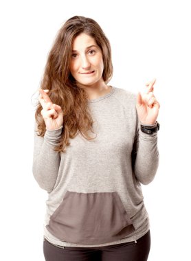 Kenetlenmiş parmaklar jest beyaz üzerinde olan düzgün vücutlu kadın 