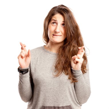 Kenetlenmiş parmaklar jest beyaz üzerinde olan düzgün vücutlu kadın 