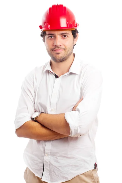 Portret van een jonge man die lacht met handen gevouwen, geïsoleerd op een witte achtergrond — Stockfoto