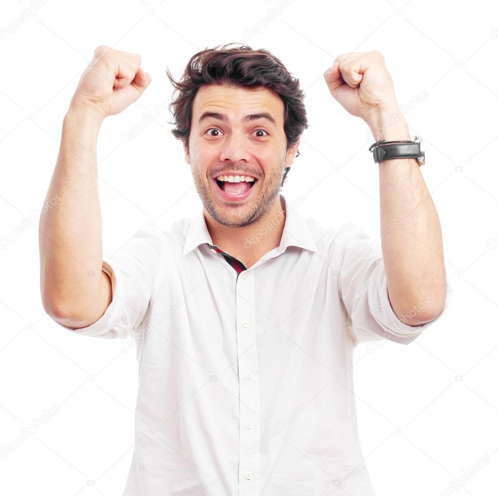 man celebrating a victory on a white background