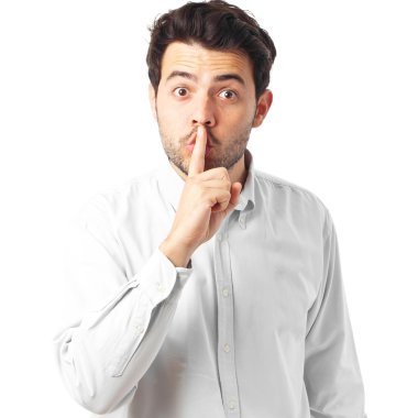young man be quiet on a white background