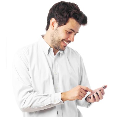 young man with an smartphone on a white background