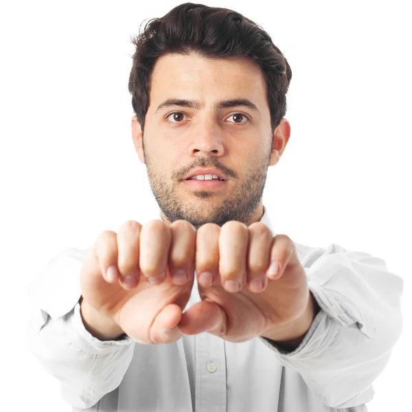 Young man hands to front on a white background — Zdjęcie stockowe