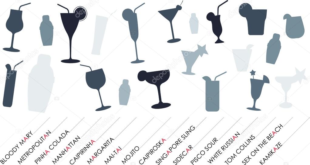 Cocktails silhouettes set background with popular names. Vector illustration