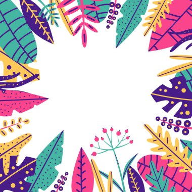 Beyaz arka planda tropik parlak yapraklar. Moda rengi: yeşil, pembe, sarı, mavi. Vektör hisse senedi izole edilmiş el tasarımı çizimi illüstrasyonu. Eps. Tex için kopyalama alanı olan tropikal yapraklar çerçeve şablonu