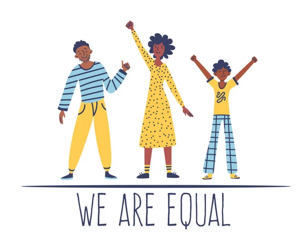 Μαύρη Γυναίκα Άντρας Παιδί Κείμενο Είμαστε Ίσοι Έννοια Ποικιλομορφία Ισότητα — Διανυσματικό Αρχείο
