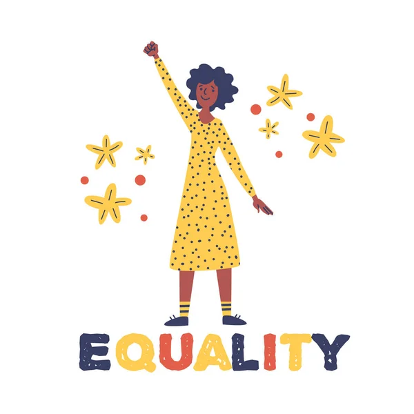 Black Woman Raised Her Fist Text Equality Concept Diversity Equality — Stock Vector