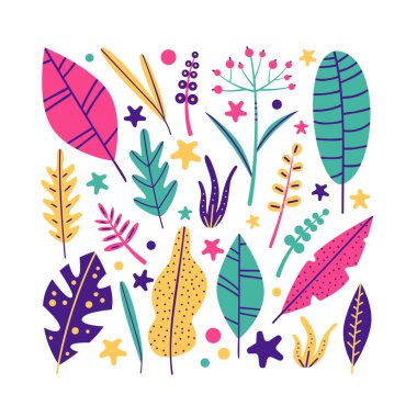 Beyaz arka planda tropik parlak yapraklar. Moda rengi: yeşil, pembe, sarı, mavi. Vektör hisse senedi izole edilmiş el tasarımı çizimi illüstrasyonu. Eps. Tropikal elementlerle büyük set veya süs arkaplanı