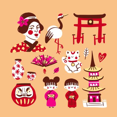 Japonya 'nın el çizimi elementler vektörü. Japon, Asya çizgi film koleksiyonu. Seyahat, Japonya turizmi. Geleneksel Asya sembolleri izole edilmiş. Görüntü seti: kadın, oyuncak bebek, pagoda, kedi, kapı, leylek, daruma