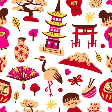 Beyaz arka planda modern Japon deseni. Yazdır, Japonya için desen. Geleneksel Japon sembolleri: daruma, pagoda, geyşa, fuji, bonsai, leylek. Vektör stok kusursuz doku. Asya arkaplanı